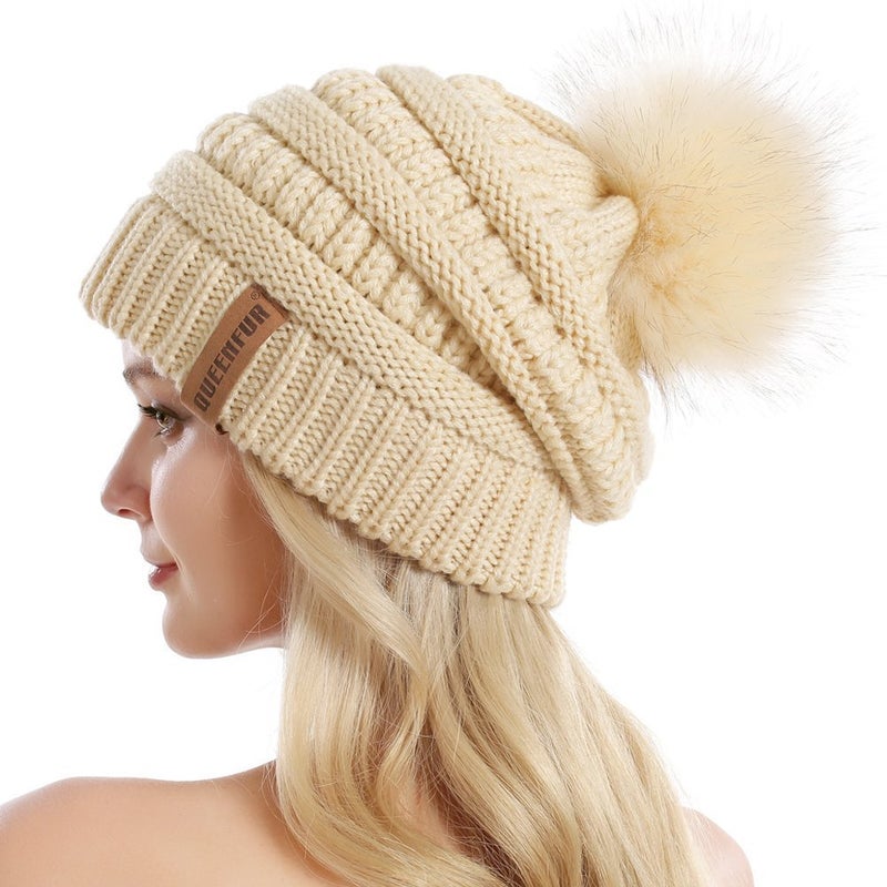 QUEENFUR Women Knit Slouchy Beanie Chunky Baggy Hat with Faux Fur Pompom Winter Soft Warm Ski Cap - Image 1